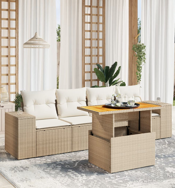 5-tlg. Garten-Sofagarnitur mit Kissen Beige Poly Rattan