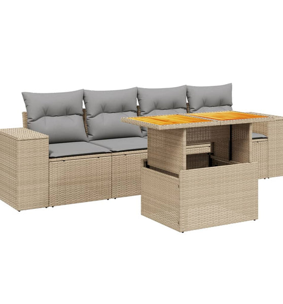 5-tlg. Garten-Sofagarnitur mit Kissen Beige Poly Rattan