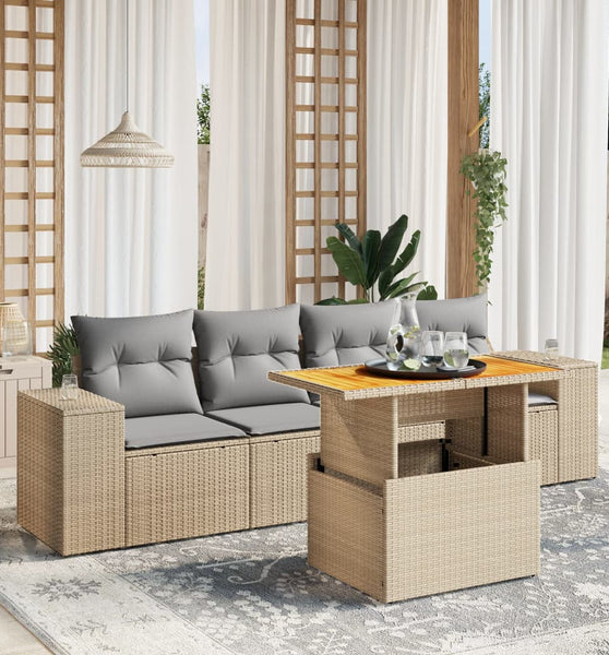 5-tlg. Garten-Sofagarnitur mit Kissen Beige Poly Rattan