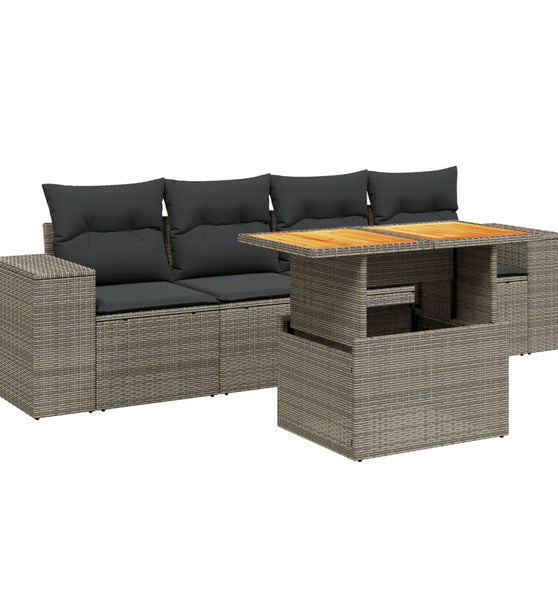 5-tlg. Garten-Sofagarnitur mit Kissen Grau Poly Rattan