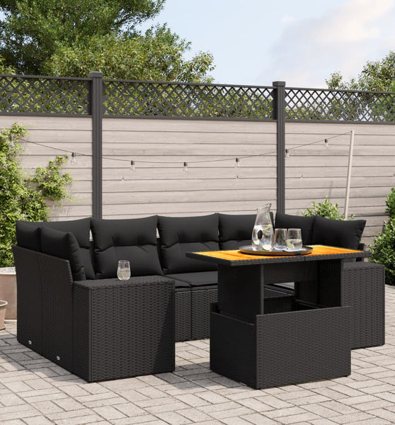 7-tlg. Garten-Sofagarnitur mit Kissen Schwarz Poly Rattan