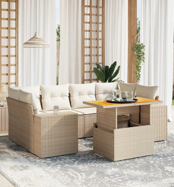 7-tlg. Garten-Sofagarnitur mit Kissen Beige Poly Rattan