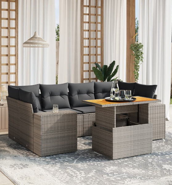 7-tlg. Garten-Sofagarnitur mit Kissen Grau Poly Rattan