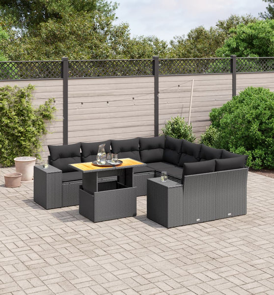 9-tlg. Garten-Sofagarnitur mit Kissen Schwarz Poly Rattan