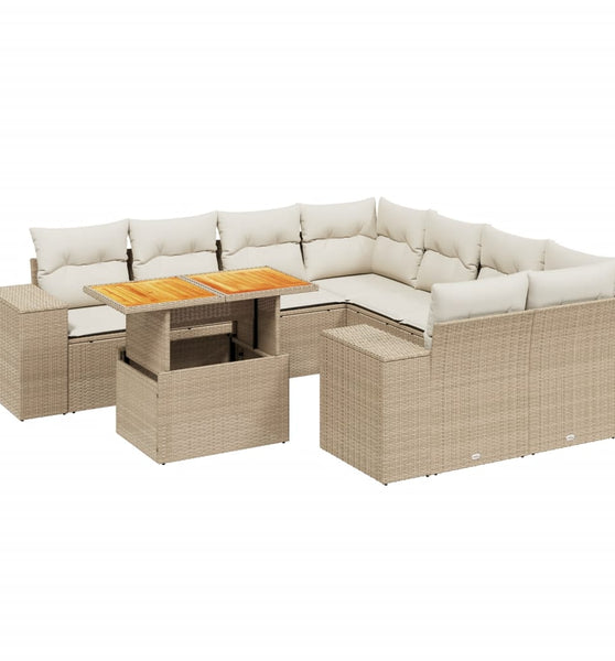 9-tlg. Garten-Sofagarnitur mit Kissen Beige Poly Rattan