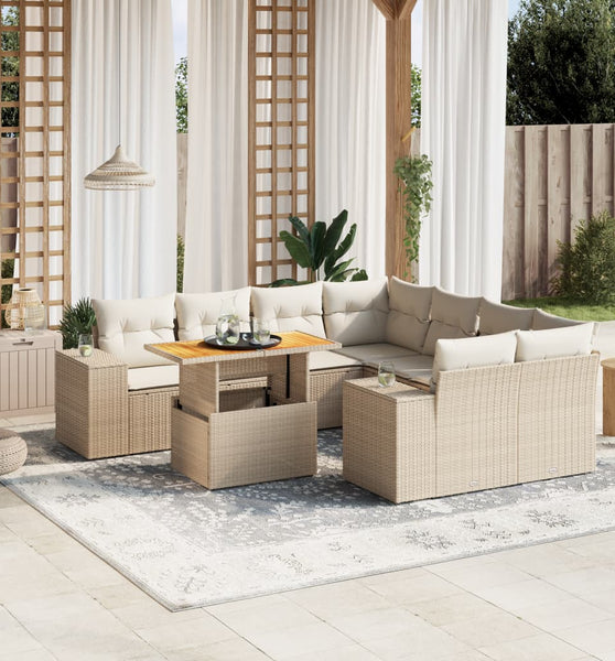 9-tlg. Garten-Sofagarnitur mit Kissen Beige Poly Rattan