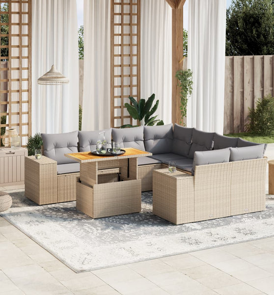 9-tlg. Garten-Sofagarnitur mit Kissen Beige Poly Rattan