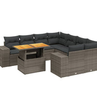9-tlg. Garten-Sofagarnitur mit Kissen Grau Poly Rattan