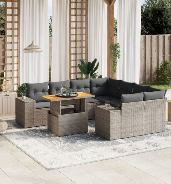 9-tlg. Garten-Sofagarnitur mit Kissen Grau Poly Rattan