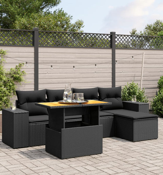 6-tlg. Garten-Sofagarnitur mit Kissen Schwarz Poly Rattan