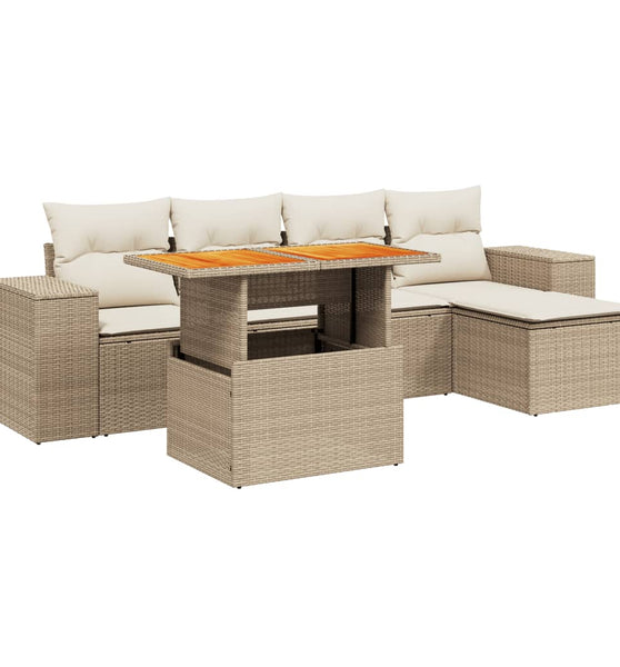 6-tlg. Garten-Sofagarnitur mit Kissen Beige Poly Rattan