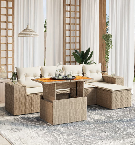 6-tlg. Garten-Sofagarnitur mit Kissen Beige Poly Rattan