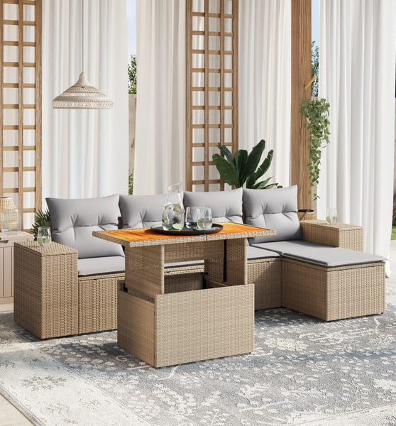 6-tlg. Garten-Sofagarnitur mit Kissen Beige Poly Rattan