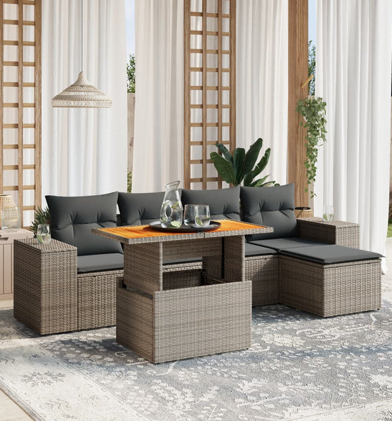 6-tlg. Garten-Sofagarnitur mit Kissen Grau Poly Rattan