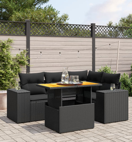 5-tlg. Garten-Sofagarnitur mit Kissen Schwarz Poly Rattan