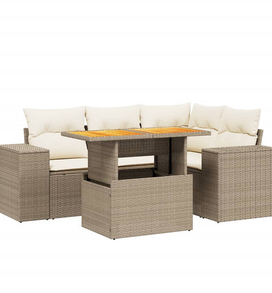 5-tlg. Garten-Sofagarnitur mit Kissen Beige Poly Rattan