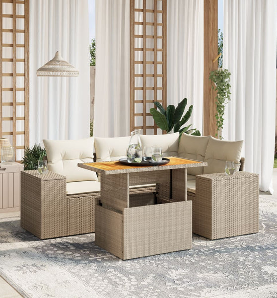 5-tlg. Garten-Sofagarnitur mit Kissen Beige Poly Rattan