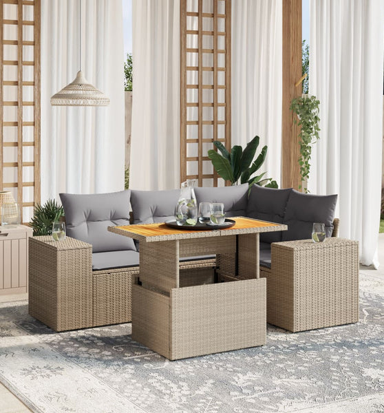 5-tlg. Garten-Sofagarnitur mit Kissen Beige Poly Rattan