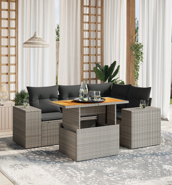 5-tlg. Garten-Sofagarnitur mit Kissen Grau Poly Rattan