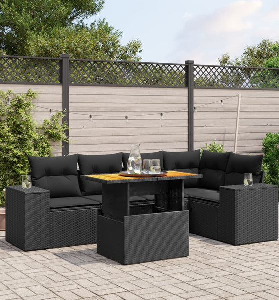 6-tlg. Garten-Sofagarnitur mit Kissen Schwarz Poly Rattan