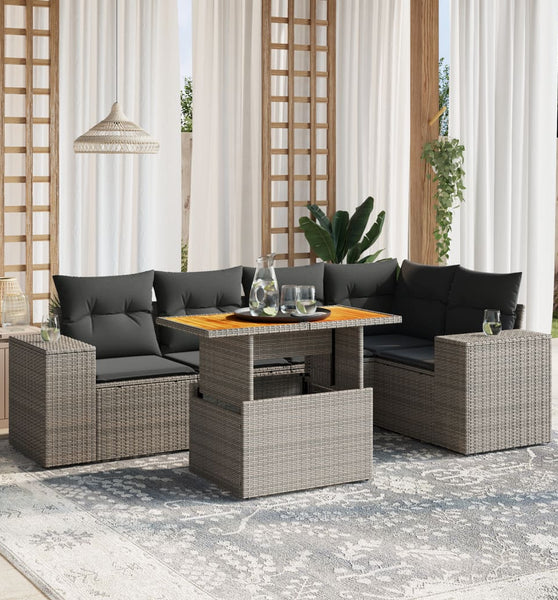 6-tlg. Garten-Sofagarnitur mit Kissen Grau Poly Rattan