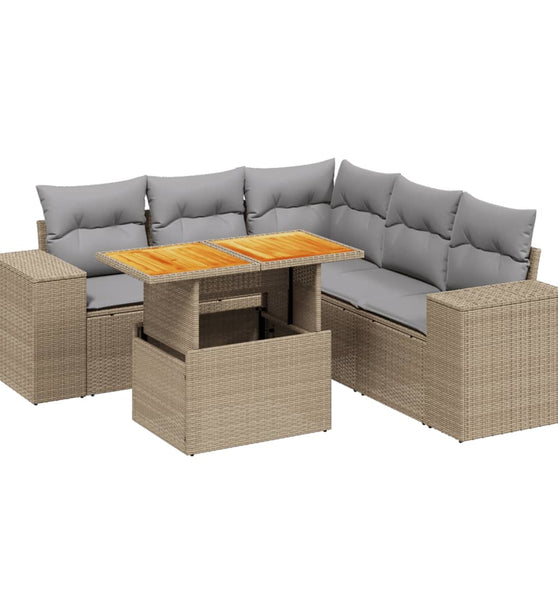 6-tlg. Garten-Sofagarnitur mit Kissen Beige Poly Rattan