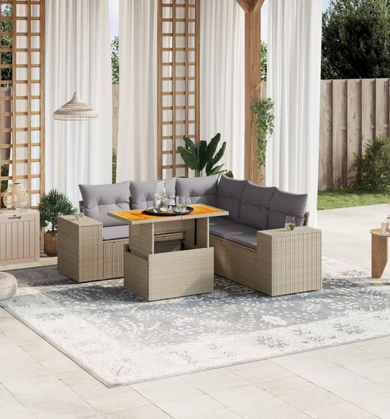 6-tlg. Garten-Sofagarnitur mit Kissen Beige Poly Rattan