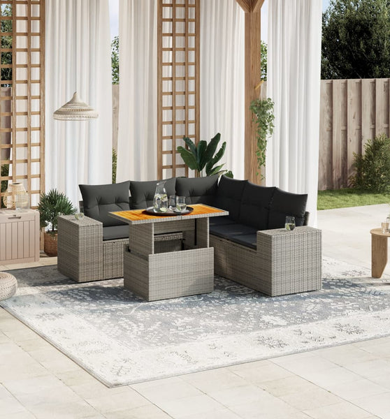 6-tlg. Garten-Sofagarnitur mit Kissen Grau Poly Rattan