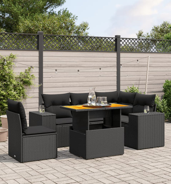 6-tlg. Garten-Sofagarnitur mit Kissen Schwarz Poly Rattan