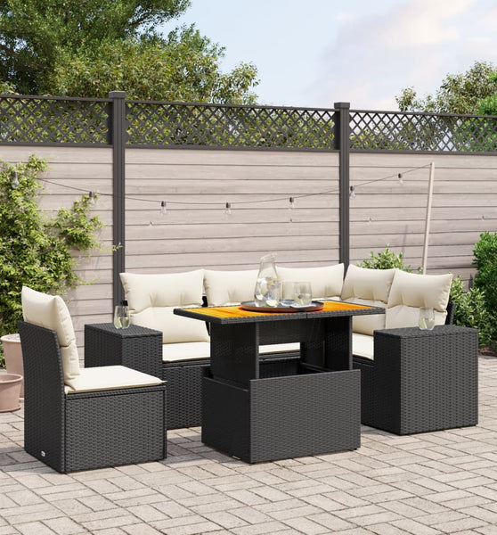 6-tlg. Garten-Sofagarnitur mit Kissen Schwarz Poly Rattan