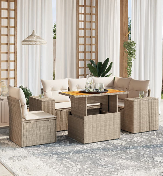 6-tlg. Garten-Sofagarnitur mit Kissen Beige Poly Rattan