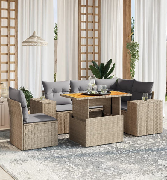 6-tlg. Garten-Sofagarnitur mit Kissen Beige Poly Rattan