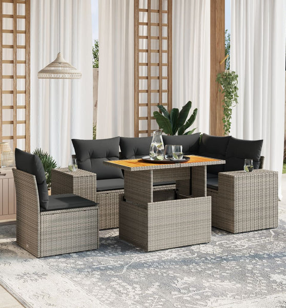 6-tlg. Garten-Sofagarnitur mit Kissen Grau Poly Rattan
