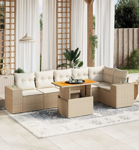 7-tlg. Garten-Sofagarnitur mit Kissen Beige Poly Rattan