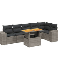 7-tlg. Garten-Sofagarnitur mit Kissen Grau Poly Rattan