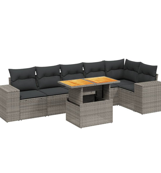 7-tlg. Garten-Sofagarnitur mit Kissen Grau Poly Rattan