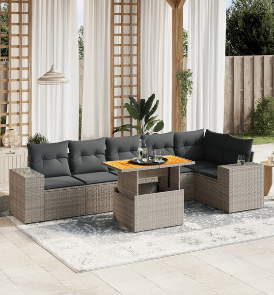 7-tlg. Garten-Sofagarnitur mit Kissen Grau Poly Rattan