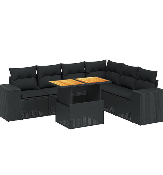 7-tlg. Garten-Sofagarnitur mit Kissen Schwarz Poly Rattan