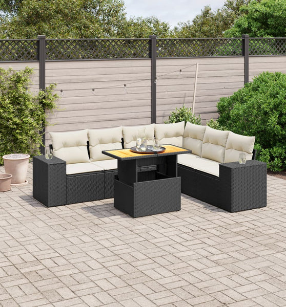 7-tlg. Garten-Sofagarnitur mit Kissen Schwarz Poly Rattan
