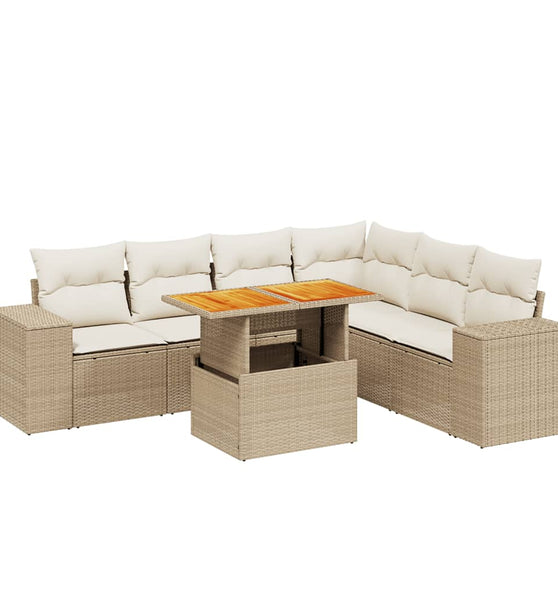 7-tlg. Garten-Sofagarnitur mit Kissen Beige Poly Rattan