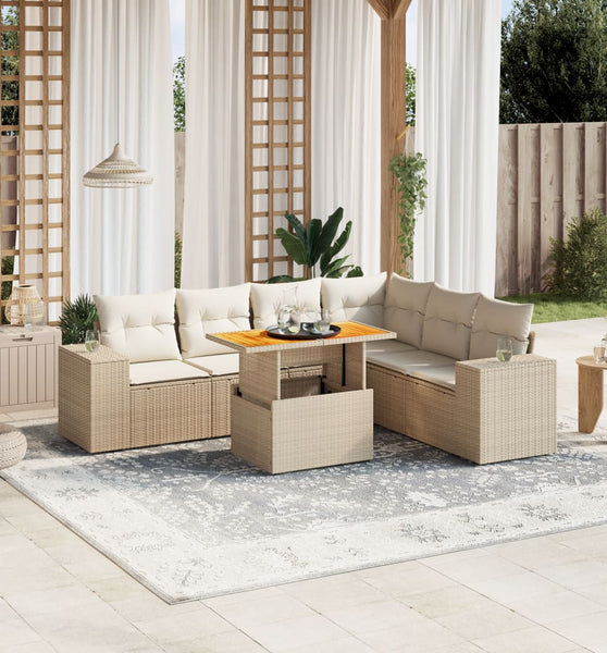 7-tlg. Garten-Sofagarnitur mit Kissen Beige Poly Rattan
