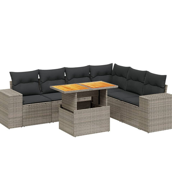 7-tlg. Garten-Sofagarnitur mit Kissen Grau Poly Rattan