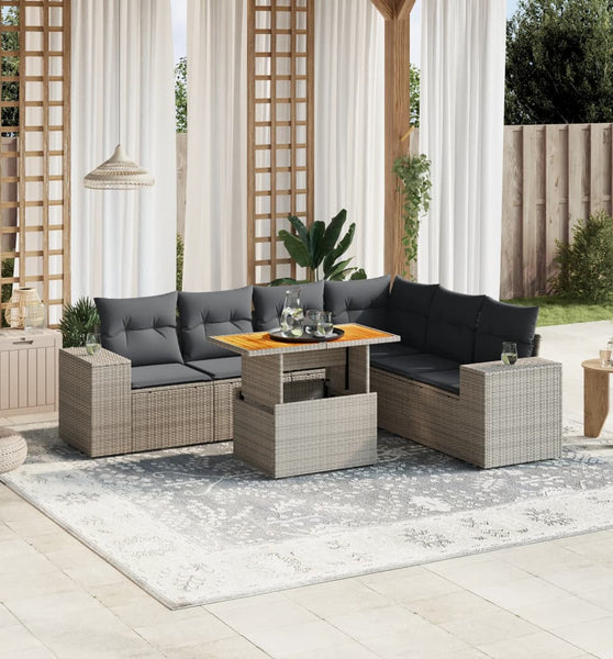 7-tlg. Garten-Sofagarnitur mit Kissen Grau Poly Rattan