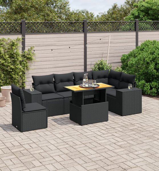 7-tlg. Garten-Sofagarnitur mit Kissen Schwarz Poly Rattan