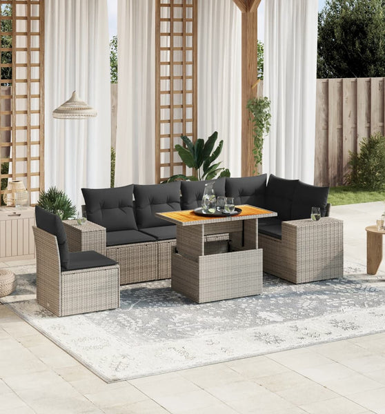 7-tlg. Garten-Sofagarnitur mit Kissen Grau Poly Rattan