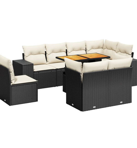 9-tlg. Garten-Sofagarnitur mit Kissen Schwarz Poly Rattan