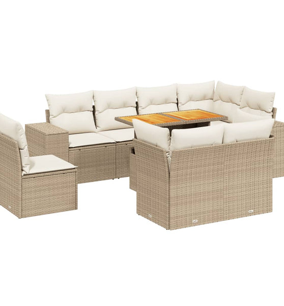 9-tlg. Garten-Sofagarnitur mit Kissen Beige Poly Rattan