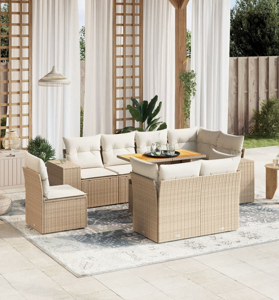 9-tlg. Garten-Sofagarnitur mit Kissen Beige Poly Rattan