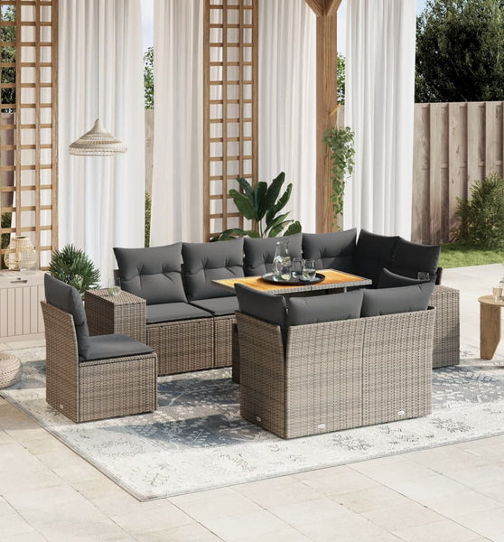 9-tlg. Garten-Sofagarnitur mit Kissen Grau Poly Rattan