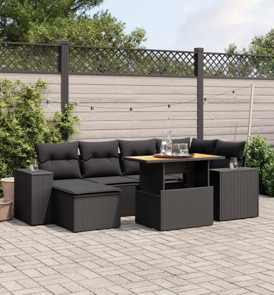 7-tlg. Garten-Sofagarnitur mit Kissen Schwarz Poly Rattan